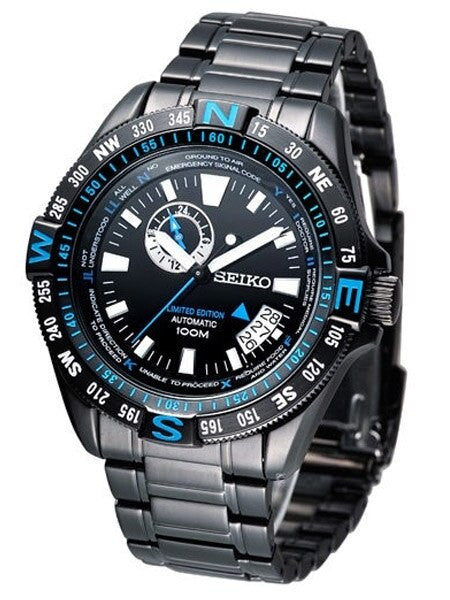 Seiko Limited Edition Black PVD Watch with Compass Function and 24-Hour Sub-dial #SSA115
