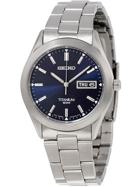 Seiko Quartz Blue Dial Watch with 37mm Titanium Case and Folded Bracelet #SGG709