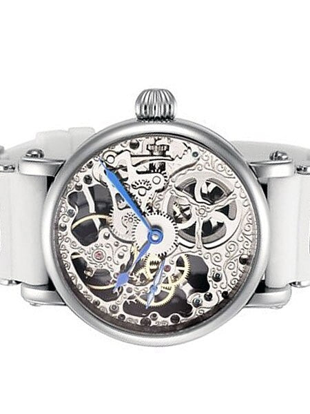 Rougois Hand Wind Decorated Skeleton Movement Watch on White Strap #RSSWSB