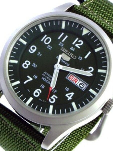 Seiko Military Dark Green Dial Automatic Watch with 42mm Case, Green Canvas Strap #SNZG09K1