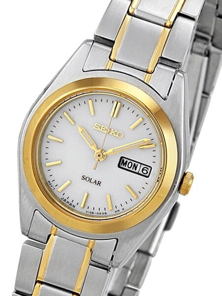 Seiko Two-Tone Women's Solar Dress Watch with White Dial, Goltone Hands and Markers #SUT108