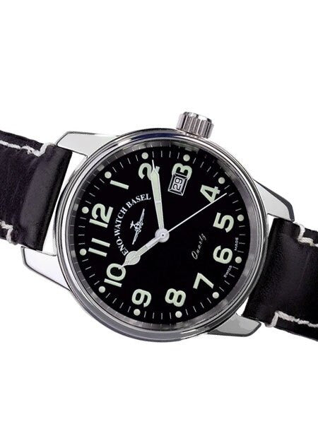 Zeno Mens Pilot Watch with Black Dial, Black Leather Strap and Swiss Quartz Movement #3315Q-a1