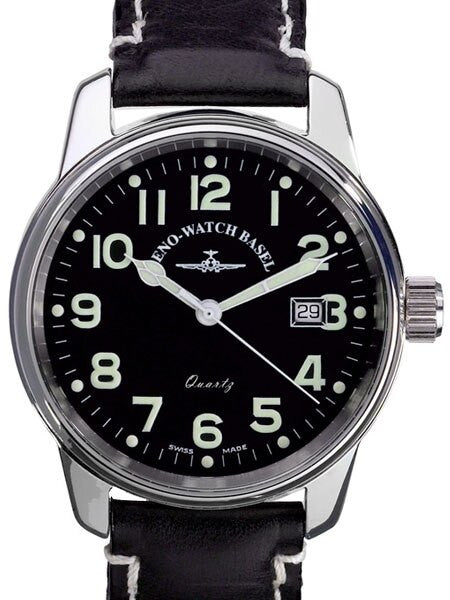 Zeno Mens Pilot Watch with Black Dial, Black Leather Strap and Swiss Quartz Movement #3315Q-a1
