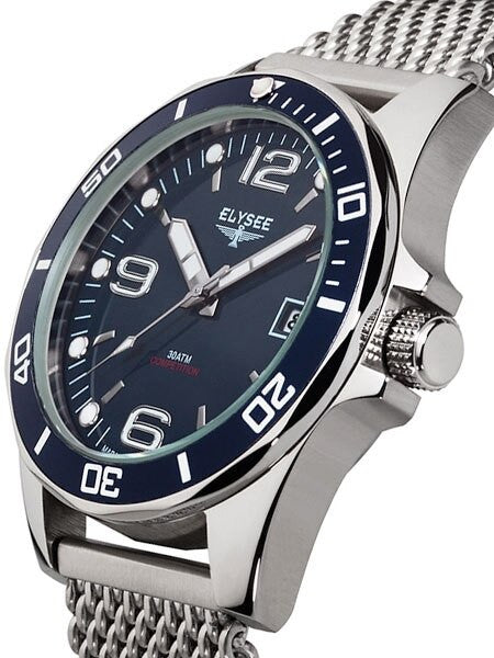 Elysee 300M Endurance 45mm Quartz Dive Watch with Blue Dial and Mesh Bracelet #60112