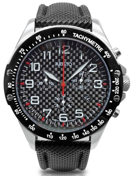 Aristo Aviator Style Quartz Chronograph Watch with Carbon Fiber Dial #4H158