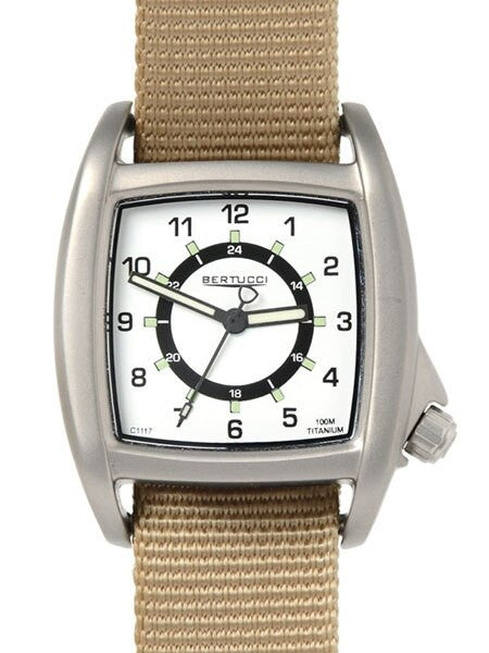 Bertucci C-1T Lusso Tank Style Field Watch with Titanium Case and Khaki Nylon Strap #16016