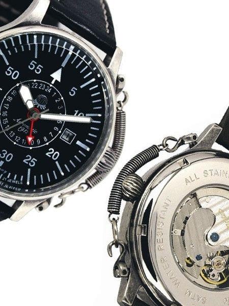 Aeromatic 1912 Automatic 24 Hour Watch, Black Dial and Spring Crown Guard #A1395