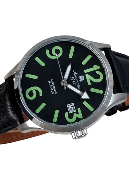 Aeromatic 1912 Retro Styled 24-Jewel Automatic Watch with Black Leather Strap #A1435A