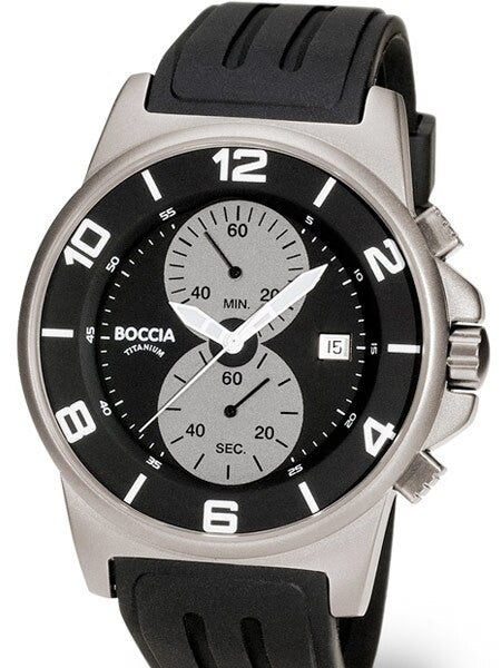 Boccia Mens Black Dial Quartz Chronograph with 45mm Titanium Case and Rubber Strap #3777-01