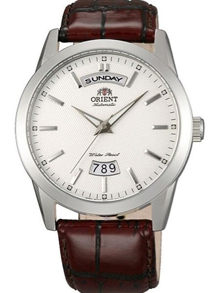 Orient Union 21-Jewel Automatic Day and Date Watch with White Dial and Brown Strap #EV0S005W