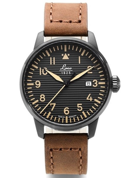 Laco St. Gallen Quartz Pilot Watch with 42mm PVD Case and Corrugated Dial #861973