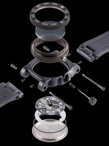 Reactor Gryphon Watch with Never Dark Illumination, Black Nitromid Polymer, Steel Core Case and Rubber Strap #73803