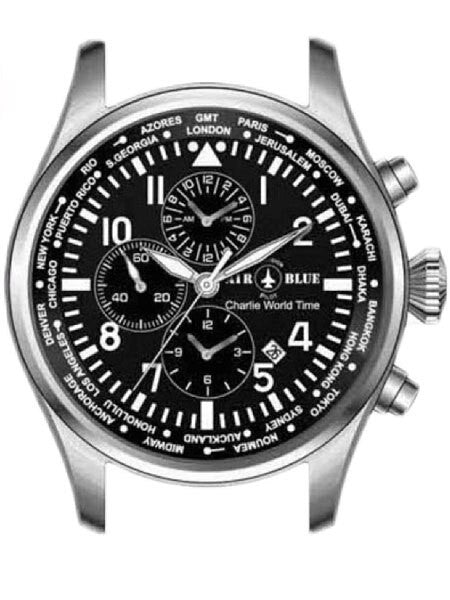 Air Blue Charlie World Timer Pilot Watch with Alarm, 44mm Case, Sapphire Crystal #CHARLIEWTSS