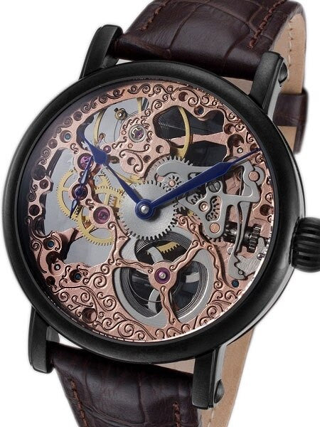 Rougois Rose Gold Plated Hand Wind Decorated Skeleton Movement Watch with Black IP Case #RS10006