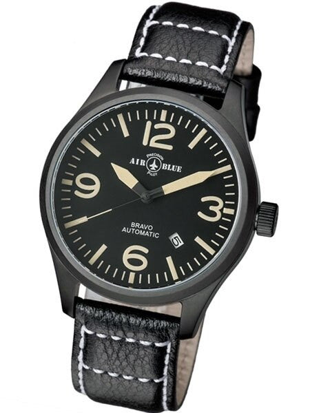 Air Blue Bravo Automatic Pilot Watch with 44mm PVD Case, Sapphire Crystal #BRAVOAUTOPVDBLKTAN