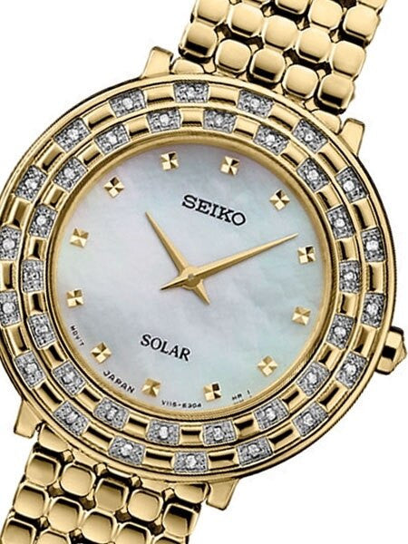 Seiko Tressia Solar Dress Watch with with 36 Diamonds, Mother of Pearl Dial #SUP374