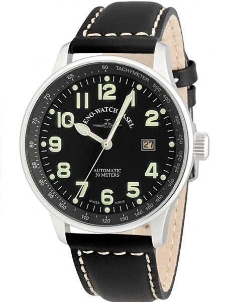 Zeno Mens XL Pilot Watch with Black Dial, Black Leather Strap and Swiss Automatic Movement #P554-a1