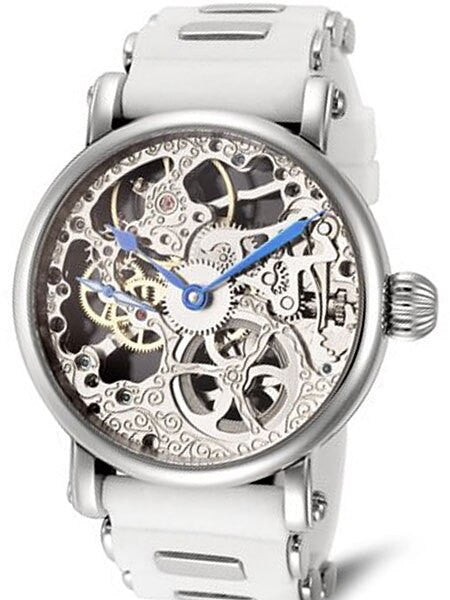 Rougois Hand Wind Decorated Skeleton Movement Watch on White Strap #RSSWSB