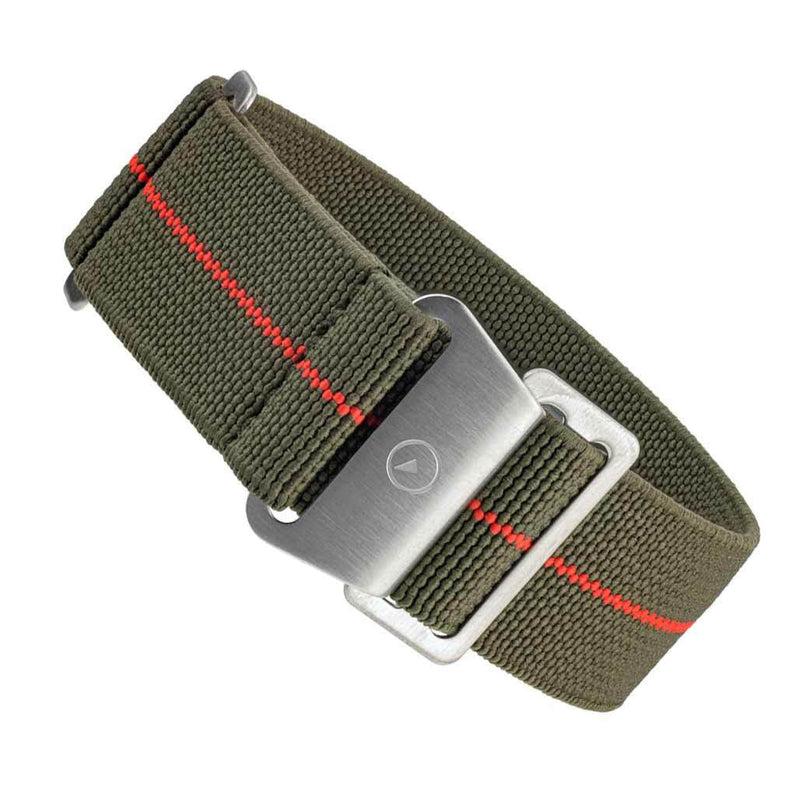 Green Elastic Woven Nylon Strap with Red Stripe, Brushed Finish Steel Clasp #EWB-14-SS