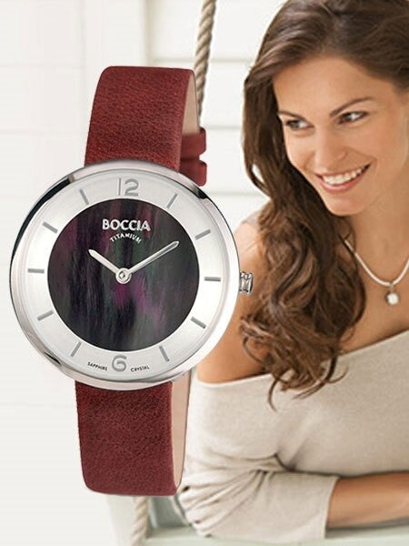 Boccia Ladies Quartz Watch with MOP Dial, Titanium Case and Red Suede Leather Strap #3244-02