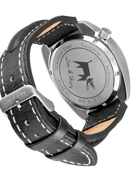 Lew and Huey Classic Flieger-Style, Automatic Pilot Watch with High Quality Leather Strap #Spectre-3Q-Black