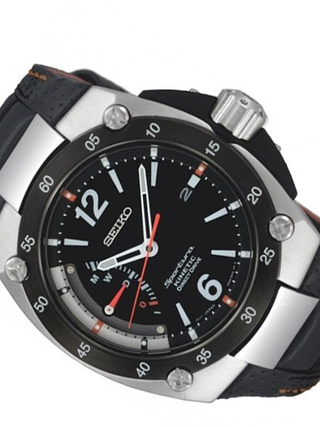 Seiko Sportura Kinetic Watch with a 49mm Stainless Steel Case, Black Dial, and Power Reserve #SRG005P2