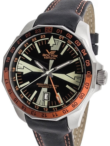 Vostok-Europe Radio Room, Dual Time Automatic Watch with an Orange and Black Bezel #2255220
