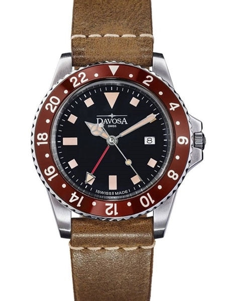 Davosa Vintage-Styled 100-Meter GMT Dual Time Watch with Black Dial #16250065
