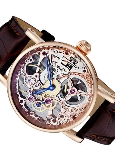 Rougois Hand Wind Decorated Skeleton Movement Watch with Rose Goldtone Case #RS10005