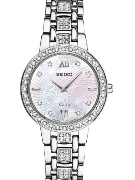 Seiko Ladies Solar Dress Watch with Swarovski Crystals, Mother of Pearl Dial #SUP359