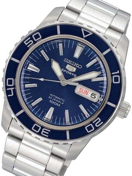 SEIKO クォーツ 腕時計 ネイビー Seiko 41mm Sports 5, 23-Jewel Automatic Watch with Day and Date