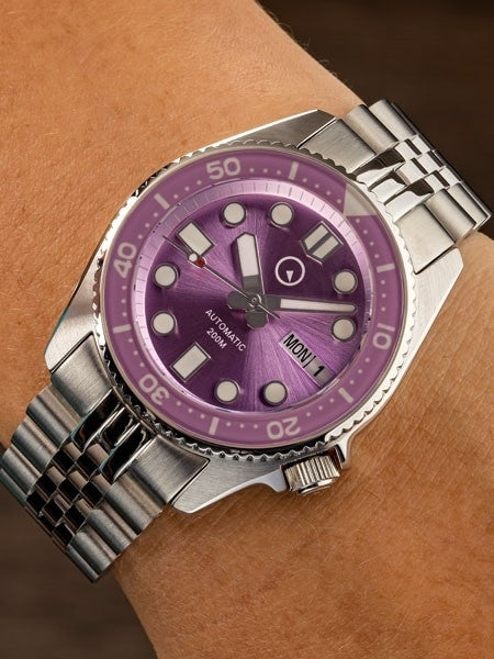 Islander 38mm Automatic Purple Dive Watch with Solid-Link Bracelet, AR Double Dome Sapphire Crystal, and Luminous Sapphire Bezel Insert #ISL-64