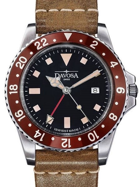 Davosa Vintage-Styled 100-Meter GMT Dual Time Watch with Black Dial #16250065