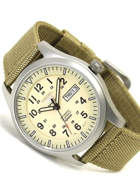 Seiko Military Creme Dial Automatic Watch with 42mm Case, Tan Canvas Strap #SNZG07K1
