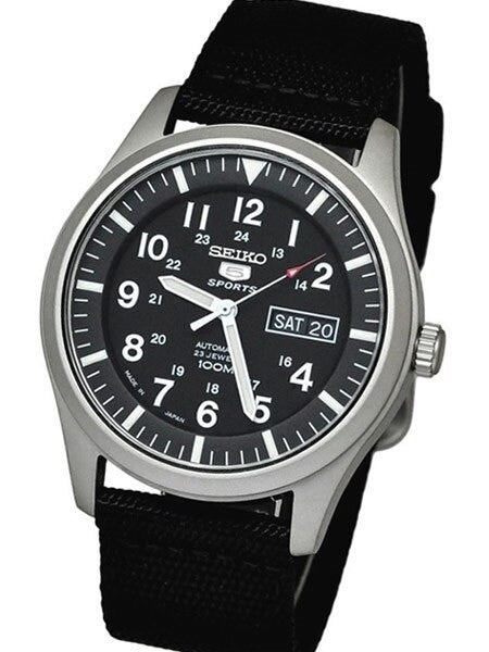 Seiko Military Black Dial Automatic Watch with 42mm Case, Black Canvas Strap #SNZG15J1