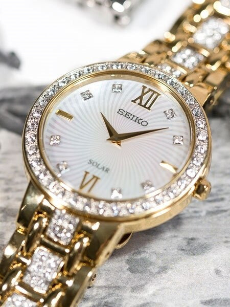Seiko Ladies Solar Dress Watch with Swarovski Crystals, Mother of Pearl Dial #SUP364