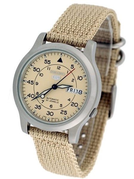 Seiko 5 Military Tan Dial Automatic Watch with Tan Canvas Strap #SNK803K2