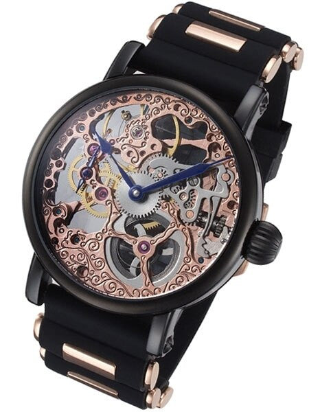 Rougois Rose Gold Plated Hand Wind Decorated Skeleton Movement Watch with Black IP Case #RS10006-BSB