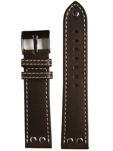 Aviator Style Brown Leather Strap with Rivets and Contrast Stitching #EBV-ST-22780