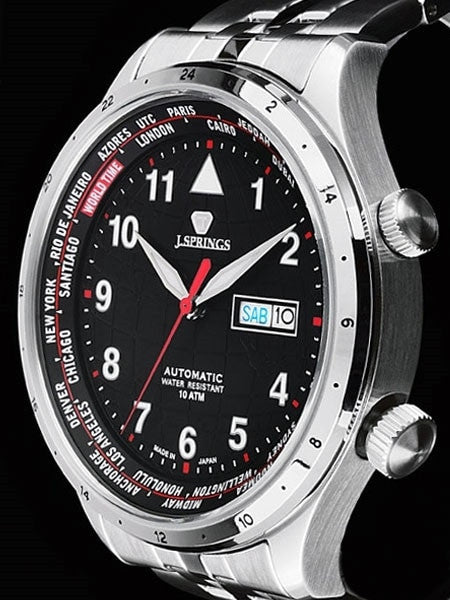 J. Springs Automatic 21-Jewel World Time Watch with Day and Date, Black Dial #BEB099