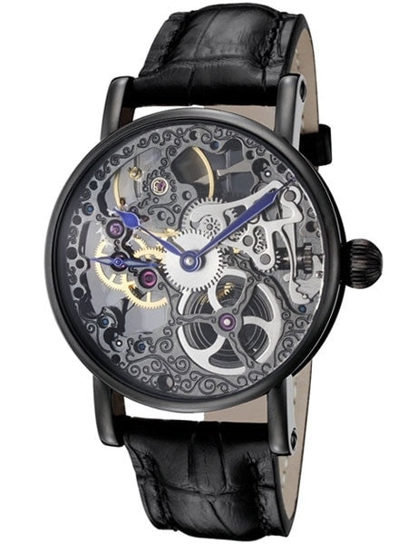 Rougois Hand Wind Decorated Skeleton Movement Watch with Black PVD Case #RS10003