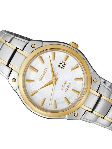 Seiko Two-Tone Women's Solar Dress Watch with White Dial, Goltone Hands and Markers #SUT128