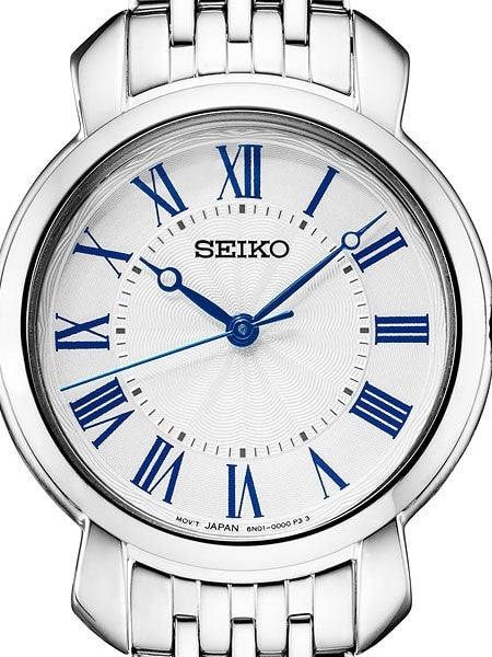 Seiko Ladies Quartz Dress Watch with White Dial, Blue hands and Numerals #SUR629