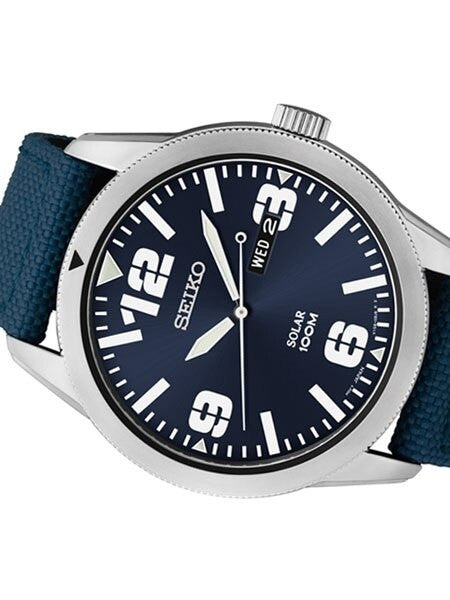 Seiko Aviator Blue Dial Solar Watch with 43mm Case, Blue Canvas Strap #SNE329