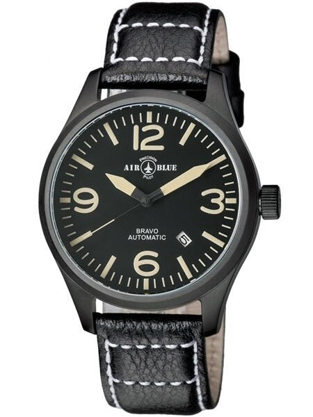 Air Blue Bravo Automatic Pilot Watch with 44mm PVD Case, Sapphire Crystal #BRAVOAUTOPVDBLKTAN