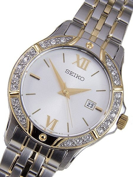 Seiko Two-Tone Women's Quartz Dress Watch with Swarovski Crystal Bezel, Mother of Pearl Dial #SUR864