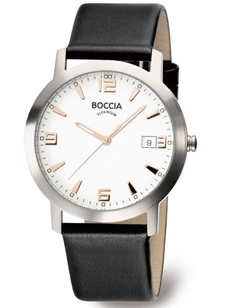 Boccia Mens Silver Quartz Dress Watch with 38mm Titanium Case and Leather Strap #3544-02