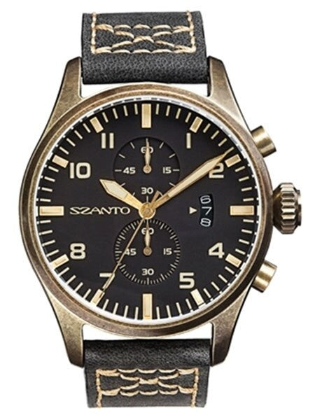 Szanto 44mm Antique Bronze Ion Plated Case, Military Chronograph Watch #4001