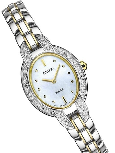 Seiko Women's Solar Dress Watch with Diamond Bezel, Mother of Pearl Dial #SUP325
