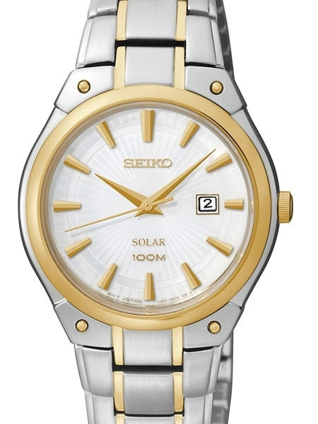 Seiko Two-Tone Women's Solar Dress Watch with White Dial, Goltone Hands and Markers #SUT128
